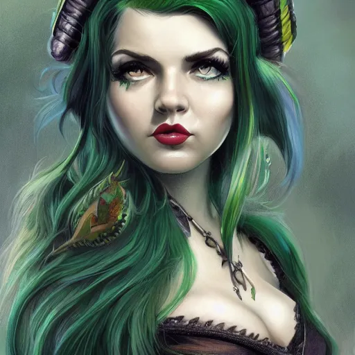 Image similar to green hair tattooed pinup hannah murray, rogue bard, feathers, baldurs gate, diablo, dnd, deep focus, turnaround, fantasy, intricate, elegant, highly detailed, digital painting, artstation, concept art, matte, sharp focus, illustration, hearthstone, art by artgerm and greg rutkowski and alphonse mucha.