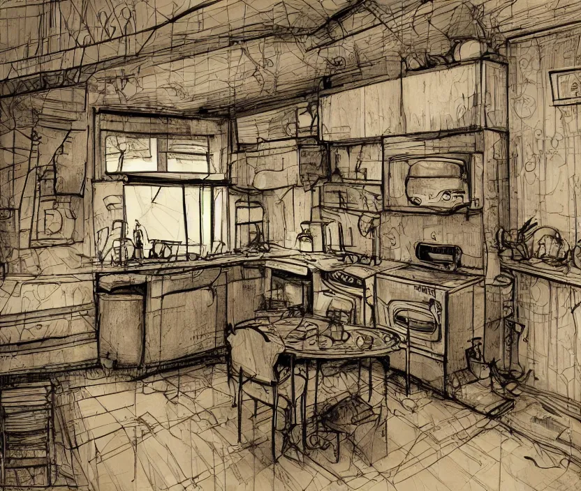 Image similar to An of interior of a kitchen at night, rotoscoped, rotoscope, photoshop, photomanipulation, realism, painting, illustration and sketch, weird scribbles, hybrid styles, hybrid art styles, mismatched, trending on artstation, trending on deviantart, weird, quirky, interesting, very detailed, highly detailed, HD Quality, 4k resolution, 8k resolution, in the style of David Firth, in the style of James Lee, in the style of Drue Langlois,