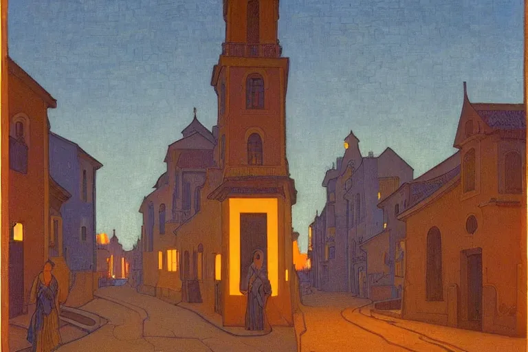 Image similar to winding street at twilight in a very old city by George Price Boyce and Nicholas Roerich and jean delville, glowing paper lanterns, strong dramatic cinematic lighting , ornate tiled architecture, lost civilizations, smooth, sharp focus, extremely detailed