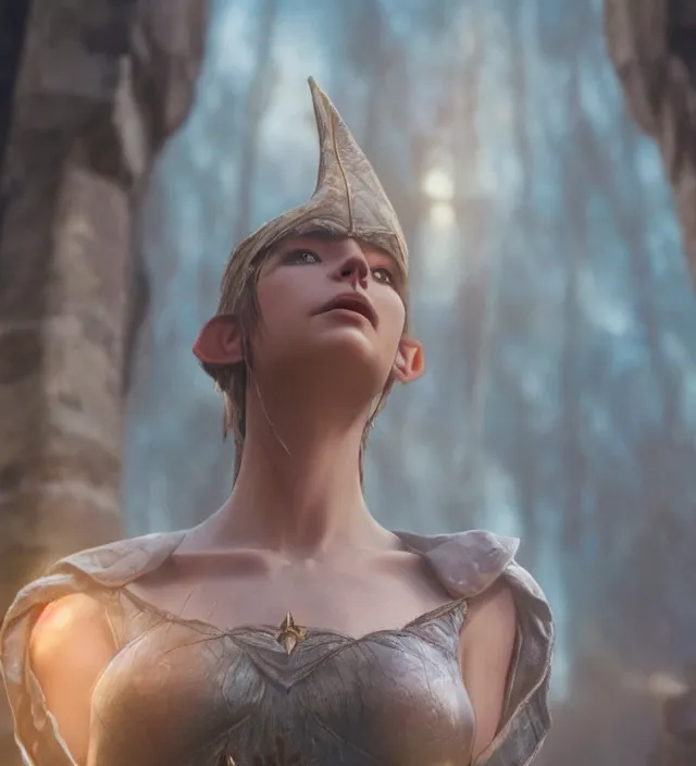 Image similar to portrait of a female magic elf on her knees, looking up, praying for her life, d & d, movie still frame, hd, remastered, film grain, cinematic lighting