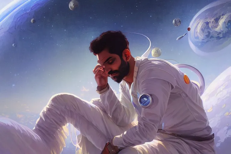 Image similar to Sensuous good looking pale young Indian doctors wearing jeans in a space station above Earth, portrait, elegant, intricate, digital painting, artstation, concept art, smooth, sharp focus, illustration, art by artgerm and greg rutkowski and alphonse mucha