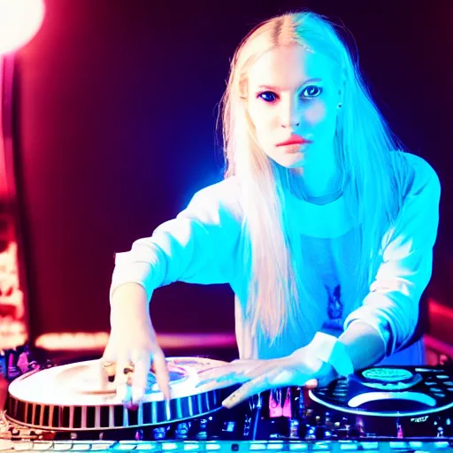 Image similar to A young, blonde-haired woman with soft facial features and blue eyes, 35mm photograph, neon lights in the background, DJing at coachella