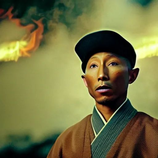 Image similar to cinematic film still Pharrell Williams starring as a Samurai holding fire, Japanese CGI, VFX, 2003, 40mm lens, shallow depth of field,film photography