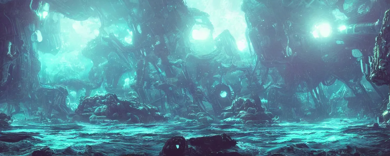 Prompt: ” underwater alien landscape, [ dark, lightshafts, cinematic, detailed, epic, widescreen, opening, establishing, mattepainting, photorealistic, realistic textures, octane render, art by slop and paul lehr ] ”