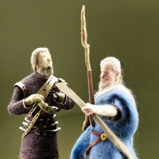 Image similar to needle felted king theoden from the return of the king (2003) giving a speech to the riders of rohan, highly detailed, dslr, tilt shift, eerie, hyperrealism, highly textured, god rays