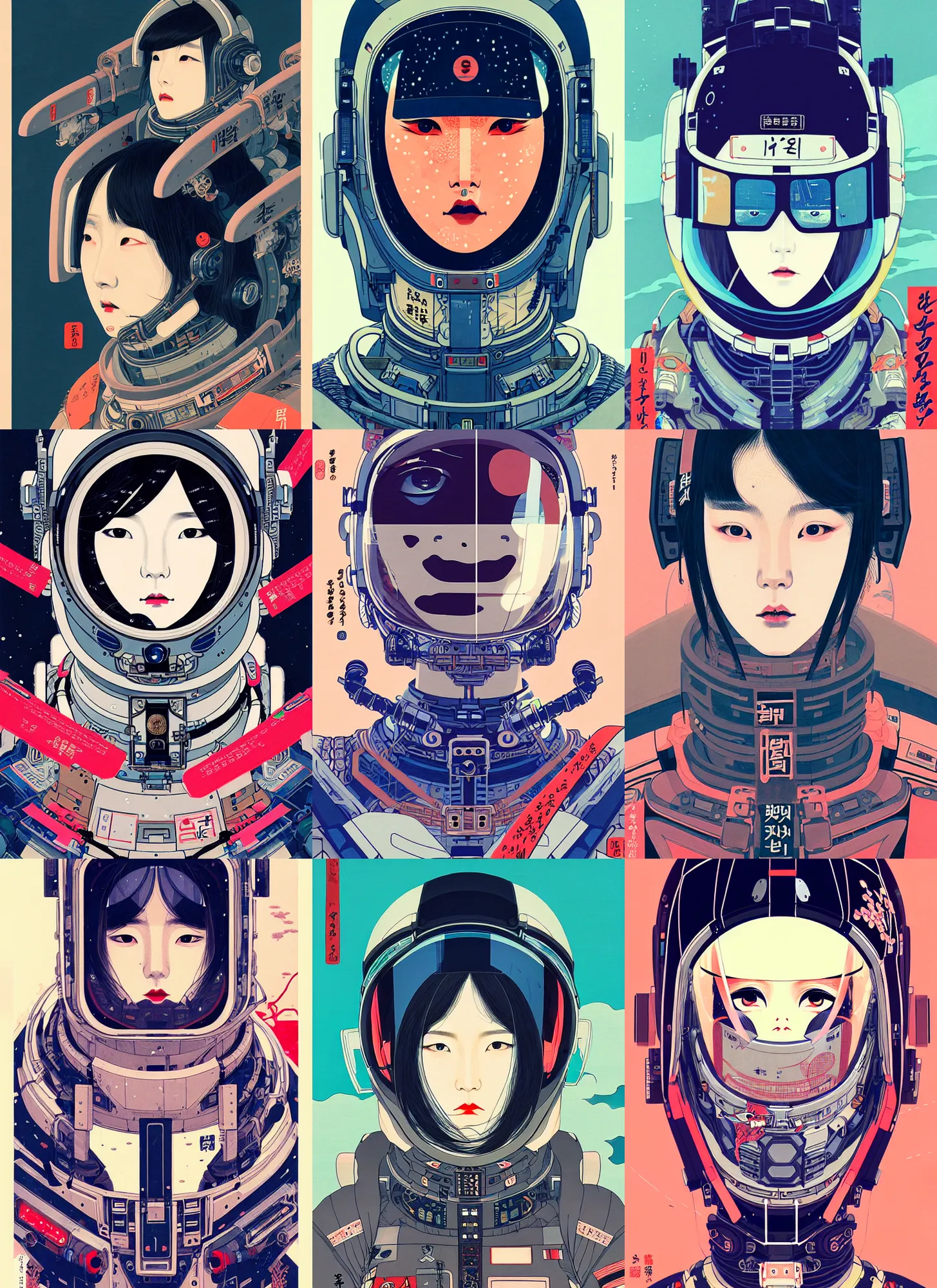 Prompt: a beautiful ukiyoe painting of cyberpunk battle space pilot, lee jin - eun wearing space techwear, detailed symmetrical close up portrait, intricate complexity, concept art, by wlop, conrad roset, james jean, cinematic dramatic atmosphere, sharp focus