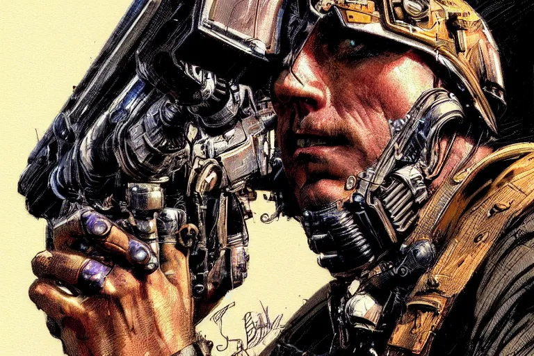 Prompt: closeup portrait stunning full - color art nouveau action shot of a bullet approaching a head, extremely detailed facial structure, dieselpunk armor, linework, by bill sienkiewicz, travis charest and michael golden, dark sci - fi, deep complexity, superhero character concept art, photorealism, stunning framing, dim volumetric lighting, hyperrealism, 8 k