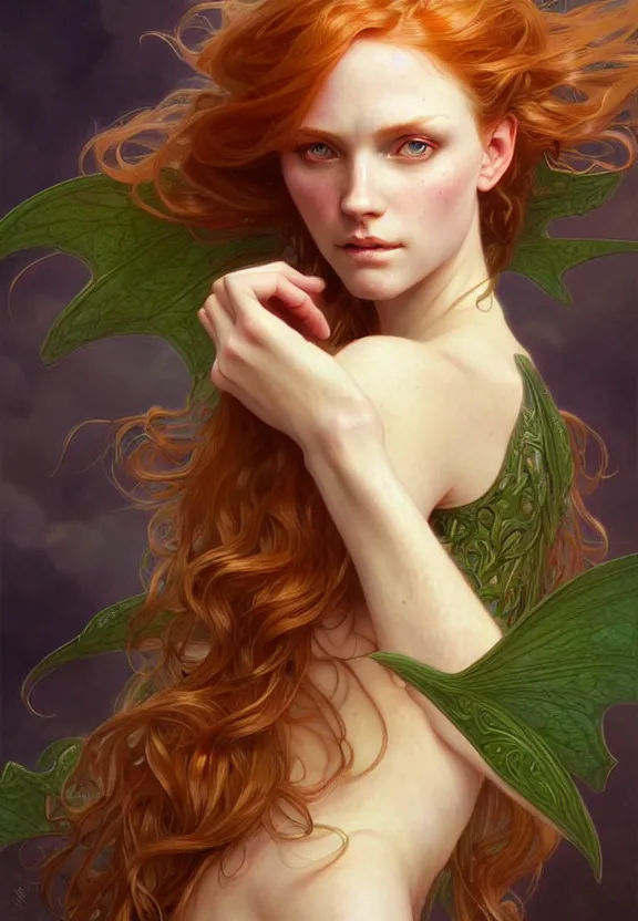 Prompt: portrait of fairy woman, d & d, green eyes, ginger hair, face, fantasy, intricate, elegant, highly detailed, digital painting, artstation, concept art, smooth, sharp focus, illustration, art by artgerm and greg rutkowski and alphonse mucha