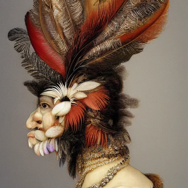 Image similar to a beautiful profile portrait of a beautiful contemporary female, various feathers, by giuseppe arcimboldo, photo realistic, realistic materials.