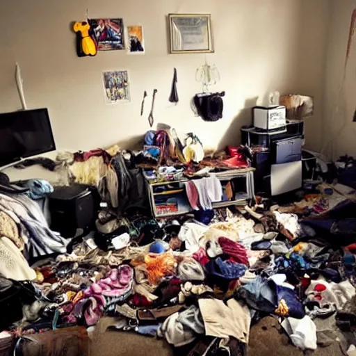 Prompt: very messy bedroom with random objects, clothes, and trash piled high in between the tv and the couch, where three stoner teens, one with messy hair and a beard, one with pale white skin and short side - swept hair, and one with pale white skin, long hair, and a goatee all playing video games