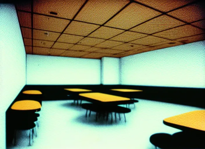 Image similar to polaroid photograph of a large white empty breakroom, retrofuturist liminal space, hundreds of old faux wood tables, crt tv mounted, trypophobia architecture, familiar place, clean, black mold, warm light, amateur, soft vintage glow, unreal engine, photorealistic, trending on artstation