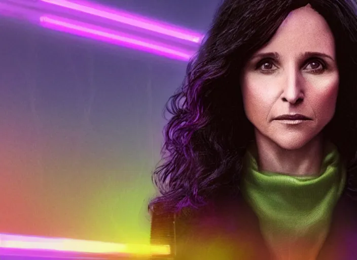 Image similar to beautiful Julia Louis-Dreyfus, blade runner 2049, long flowing hair, trending on artstation, unreal engine, purple neon, green rain, matte painting