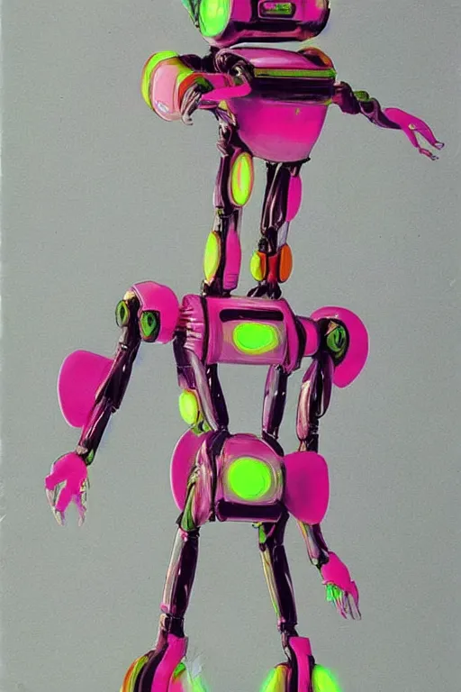 Prompt: a slim anime robot with fluo color detail, and muted arm colors, that looks like a insect, on top of a painting of plastic synthetic ionized metal flower sculptures