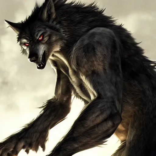 Prompt: werewolf, dramatic pose, photorealistic uhd 8 k, award - winning videogame promotional art