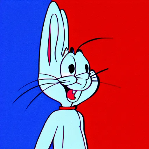 Prompt: photo of bugs bunny sitting infront of a red wall with blue stripes ultra realistic, hyper realistic, highly detailed, sharp focus, digital art