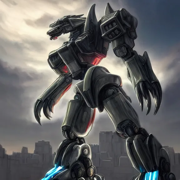 Image similar to hyper realistic, epic, highly detailed cinematic full body shot of a gigantic feral mecha canine, sharp metal claws, cannon mounted on back, sleek armor, glowing visor, destroying city, digital art, furry art, dragon art, zoids art, furaffinity, deviantart, sofurry