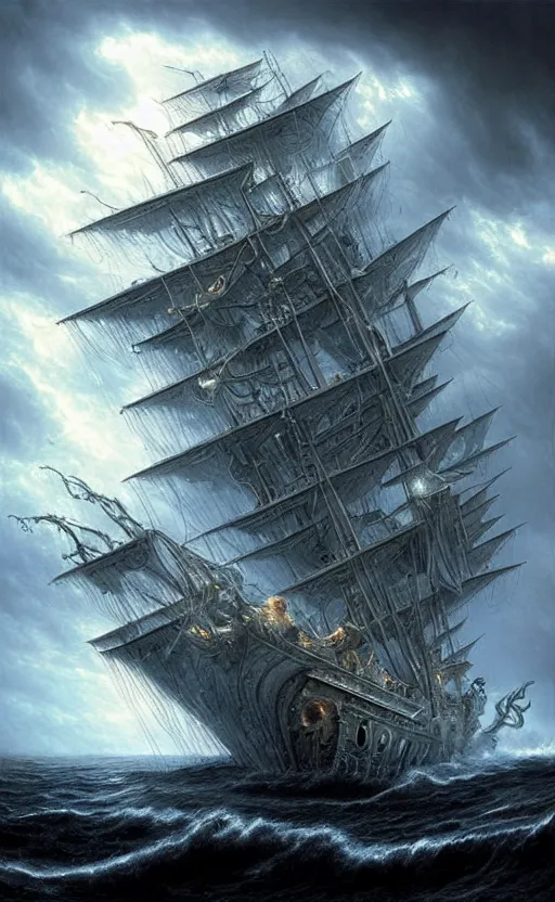 Image similar to the voyage of life, storm on the sea of galilee, huge clouds in the form of a dendritic cthulhu, an epic pirate ship, dappled silver lighting, atmospheric, highly detailed, by igor morski, jacek yerka, alexander jansson, james christensen, tomek setowski