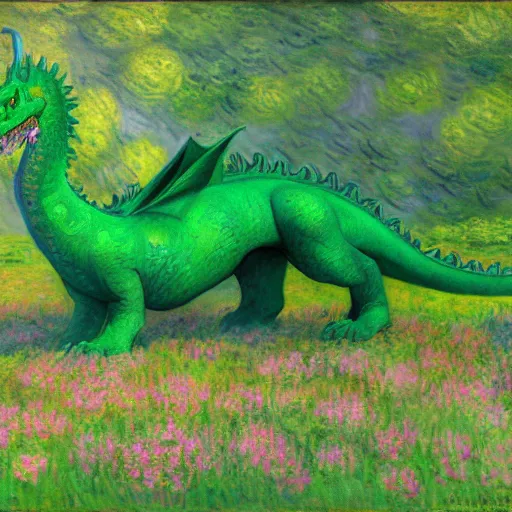 Prompt: A large green dragon sitting in a flowery meadow by Claude Monet, deviantart, furaffinity, highly detailed