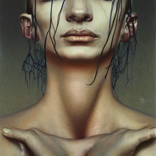 Prompt: sade by zdzisław beksinski, iris van herpen, artgerm, raymond swanland and alphonse mucha. highly detailed, hyper real, beautiful