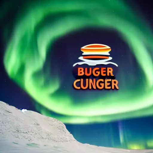 Prompt: the burger king logo formed through arctic northern lights, 8 k, hyperdetailed, award - winning