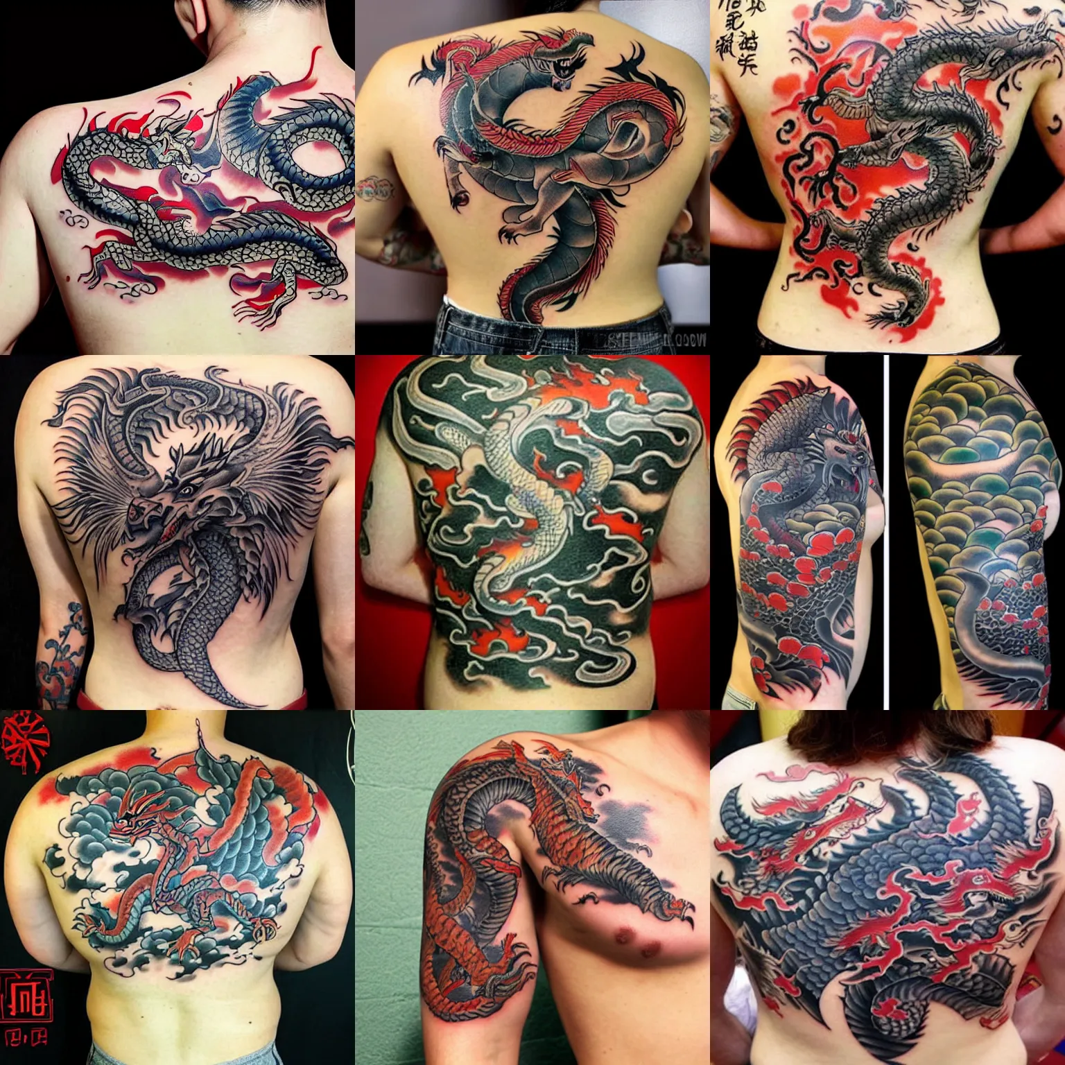 Prompt: elaborate full - back irezumi tattoo of an eastern dragon, tattoo parlor photo, realistic and coherent