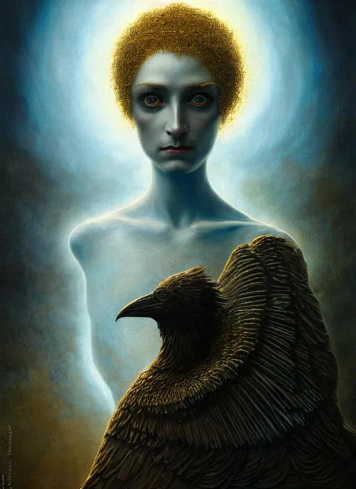 Prompt: Her huge ominous glowing blue eyes staring into my soul , perfect eyes, agostino arrivabene, WLOP, Tomasz strzalkowski, 8k portrait render, raven angel wings, beautiful lighting, dark fantasy art, rococo, gold filigree, cgsociety