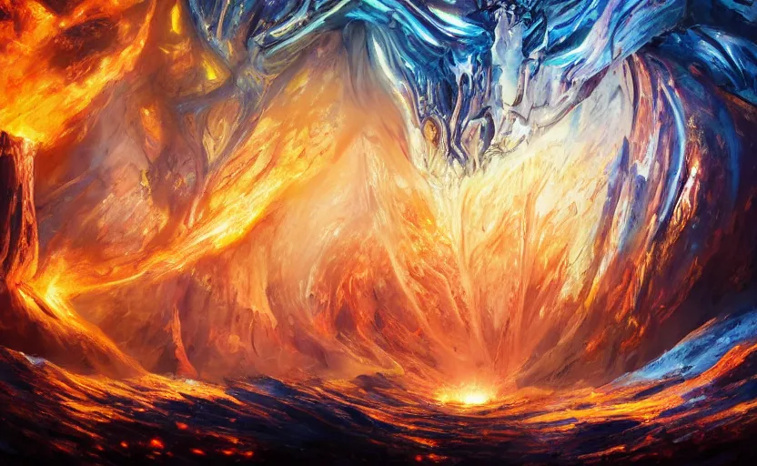 Image similar to an abstract oil painting of Balrog of Moria; swirling sheets of light and fire; hyper-detailed; an extraordinary masterpiece!!!; flawless; trending on artstation