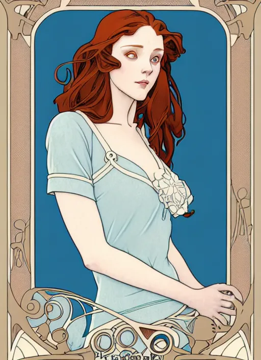 Image similar to art nouveau portrait of a woman with completely straight auburn hair, light blue eyes, pale skin, freckles, sad expression, t - shirt, modern casual clothing, natural lighting, path traced, highly detailed, high quality, cartoon, digital painting, by don bluth and ross tran and studio ghibli and alphonse mucha