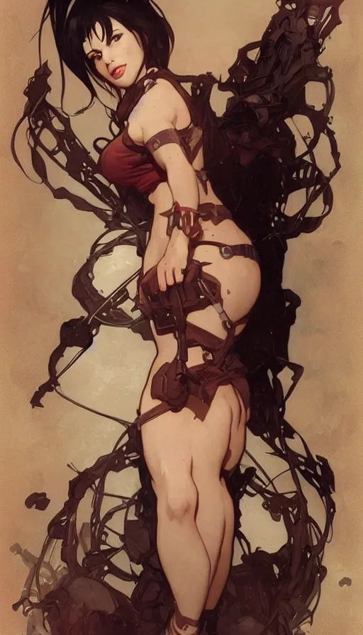 Image similar to tifa lockhart in a cute pinup pose by artgerm, greg rutkowski and alphonse mucha, concept art, matte, intricate, full body, epic composition