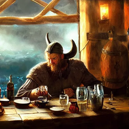 Prompt: a beautiful painting of a viking drinking in a tavern, by raymond swanland, featured on artstattion