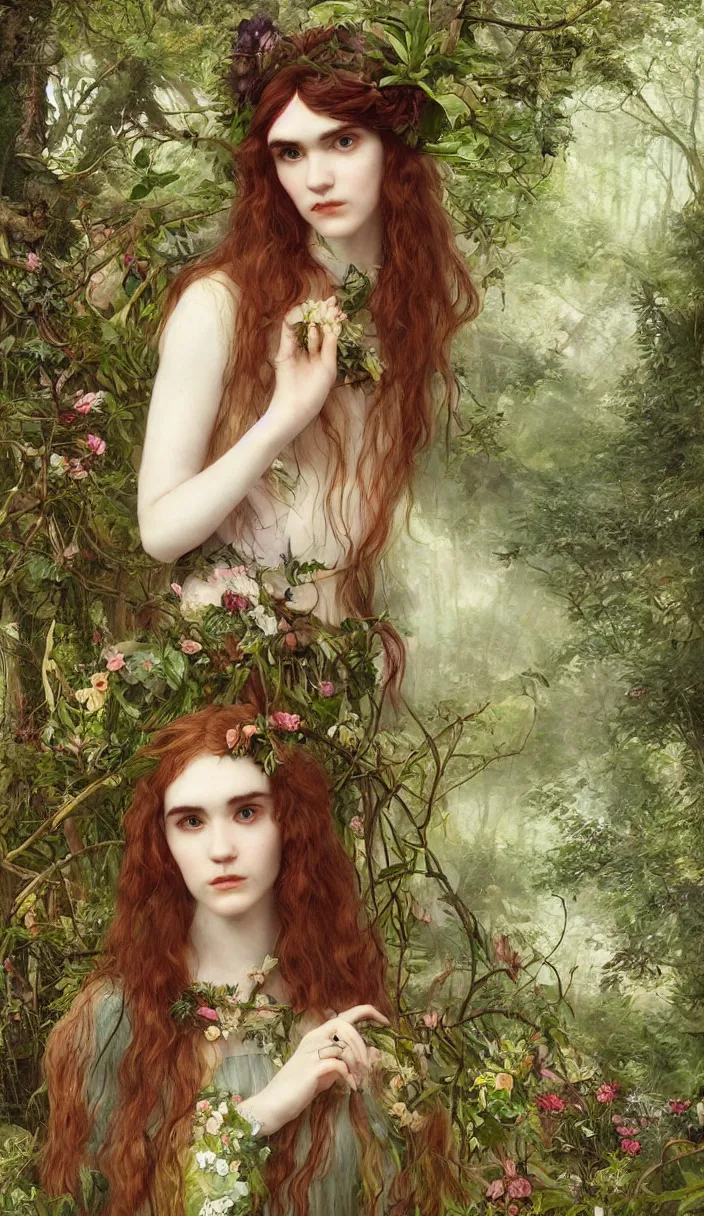 Prompt: a romantic pre-raphaelite portrait of Grimes as a forest fairy in a beautiful botanic garden, concept matte, trending on artstation