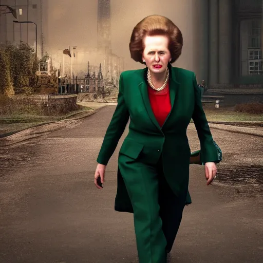 Image similar to Margaret Thatcher with hulk's body, realistic artstyle, wide shot, dramatic lighting, octane render, hyperrealistic, high quality, highly detailed, HD, beautiful, cinematic, 8k, unreal engine, facial accuracy, symmetrical