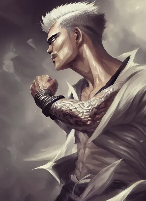 Prompt: a highly detailed illustration of fierce asian man with short white hair parted down middle, wearing white kimono with black shirt, with black sclera eyes, heroically battle posing, muscular, intricate, elegant, highly detailed, centered, digital painting, artstation, concept art, smooth, sharp focus, league of legends concept art, WLOP