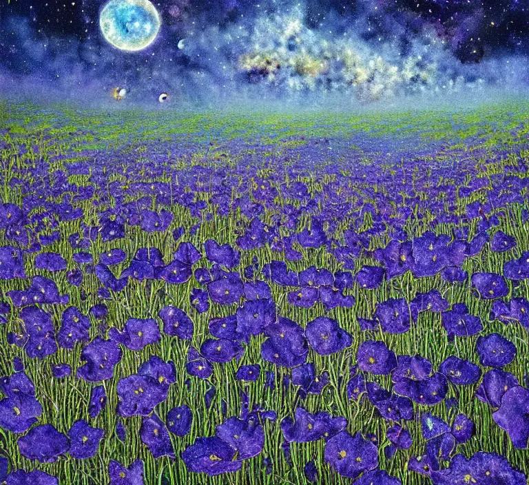 Image similar to detailed, intricate blue black and purple papaverum flower on the field, nebula, galaxy in the sky, winning award masterpiece, fantastically beautiful, illustration, aestheticly inspired, jacek yerka, upscale with anguissola sofonisba work, artstation, 8 k