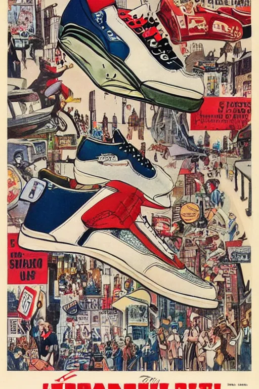 Image similar to Jordan shoes in the style of a 50s by Frank Hampson and mcbess, 1950s