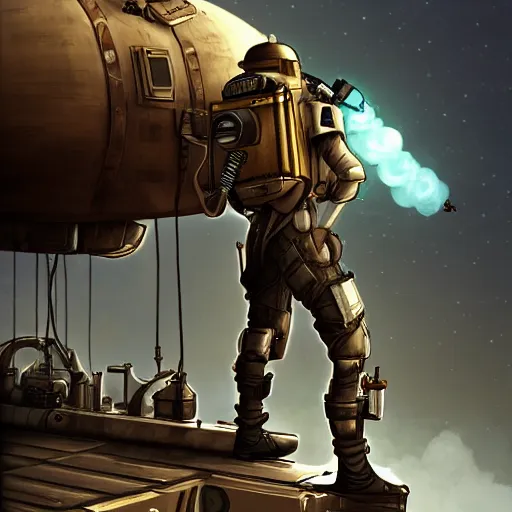 Prompt: A dieselpunk jetpack trooper on the deck of an airship, digital painting, detailed, artstation