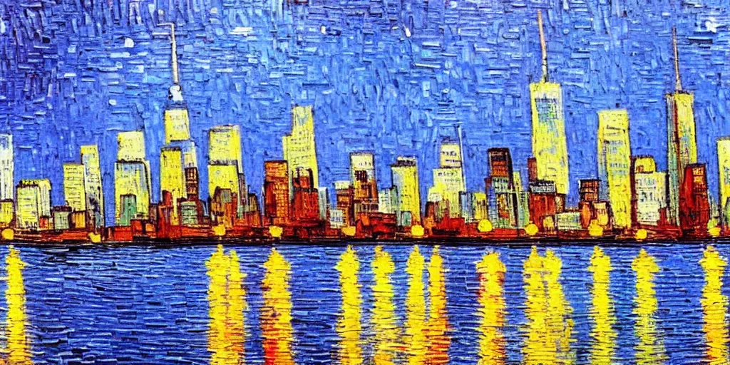 Image similar to new york city skyline painted in the style of vincent van gogh