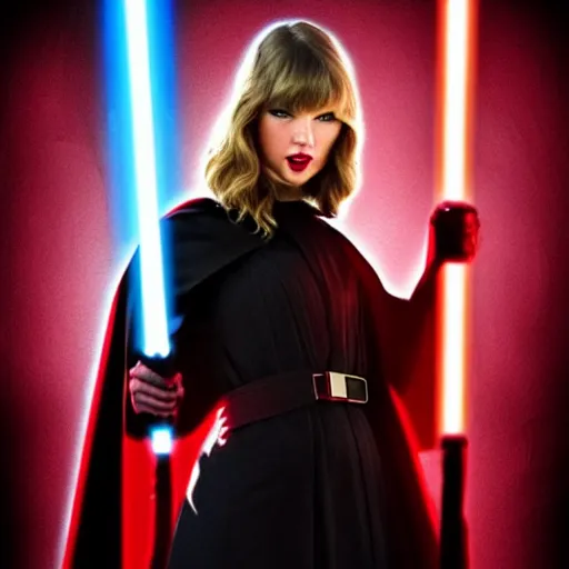 Image similar to Taylor Swift as a Sith lord, star wars, pose, full shot, dark, brooding