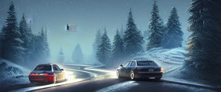 Image similar to Audi A4 B6 Avant (2002), a gritty neo-noir, dramatic bright lighting, cinematic, establishing shot, extremely high detail, photorealistic, cinematic lighting, artstation, by simon stalenhag, Snowy italian road, Snowy Apennines, At night, Poets of the Fall - Late Goodbye