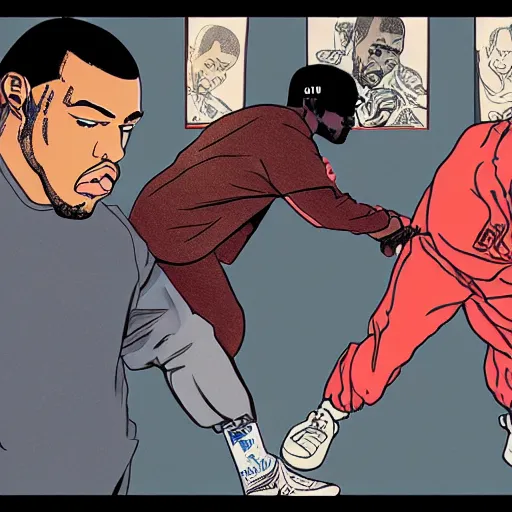 Image similar to An illustration of Kanye West beating up Pete Davidson by Katsuhiro Otomo, comic book style, 8K concept art, cel shaded, anime