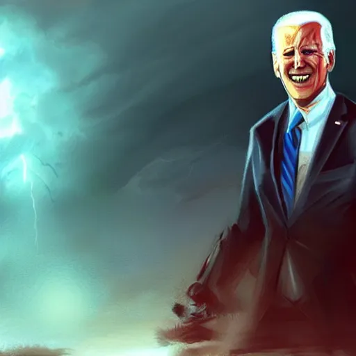 Prompt: Huge, Bellowing Joe Biden with glowing eyes, thunderstorm. Fantasy concept art, best of ArtStation