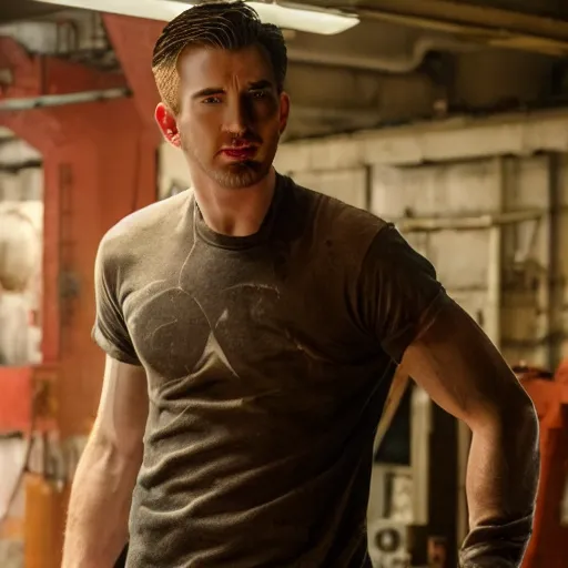 Image similar to first photos of 2 0 2 4 machinist remake - scrawny and gaunt chris evans, ( eos 5 ds r, iso 1 0 0, f / 8, 1 / 1 2 5, 8 4 mm, postprocessed, crisp face, facial features )