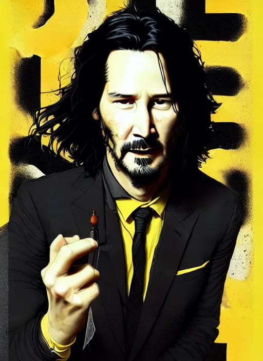 Image similar to highly detailed closeup portrait of cool keanu reeves, wavy hair, jhonny depp, black suit by atey ghailan, by greg rutkowski, by greg tocchini, by james gilleard, by joe fenton, by kaethe butcher, gradient yellow, black and white color scheme, grunge aesthetic!!! ( ( graffiti tag wall background ) )