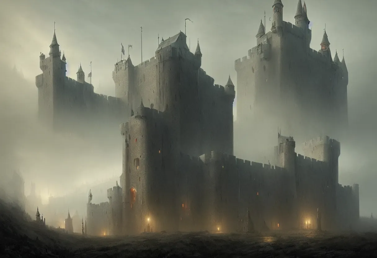 Image similar to castle with 3 0 years war, ultra high definition, ultra detailed, symmetry, fog, matte painting, by greg rutkowski and ross tran and wlop