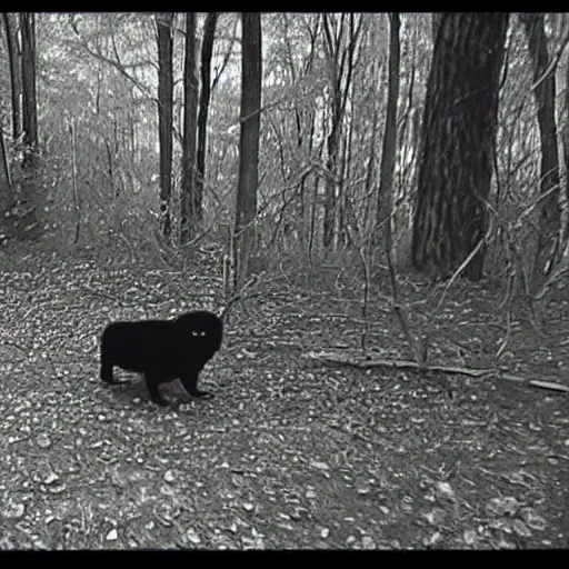 Prompt: dark creature lurking in the woods, nighttime security camera footage