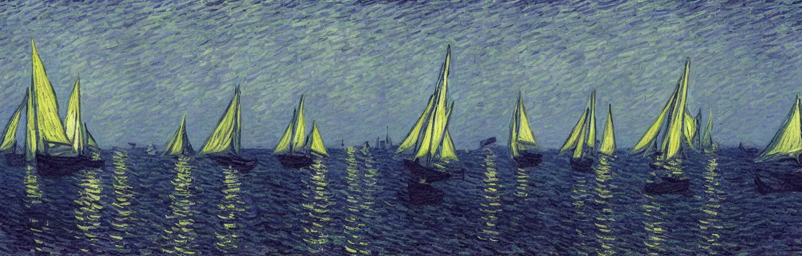 Prompt: An aesthetically pleasing, dynamic, energetic, lively, well-designed digital art of the sailboats on the ocean at night in a low mist, light and shadow, chiaroscuro, by Claude Monet and Vincent Van Gogh, superior quality, masterpiece, excellent use of negative space. 8K, superior detail.