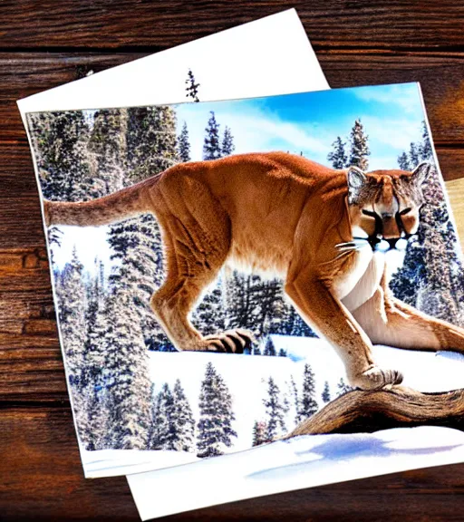 Image similar to torn up postcard of 'a cougar sleeping in the middle of snowy pine tree' laying on coffee table, zoomed out shot, HD, iphone capture