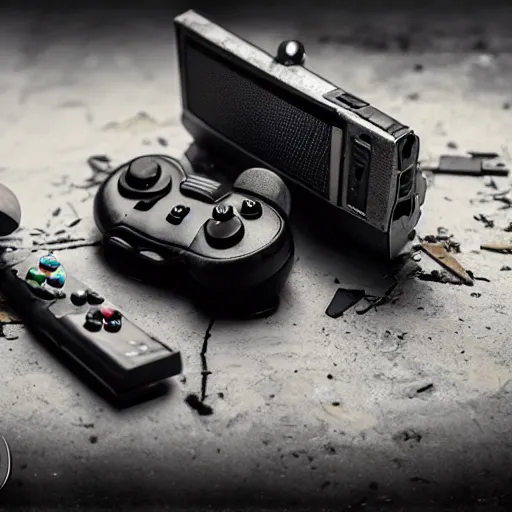 Prompt: picture of a destroyed game controller next to a broken tv and a baseball bat, 4k, insanely detailed