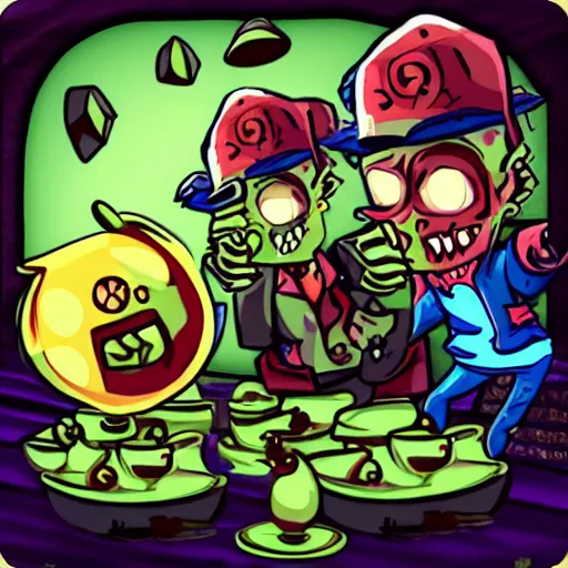 Prompt: teacup fighting zombies