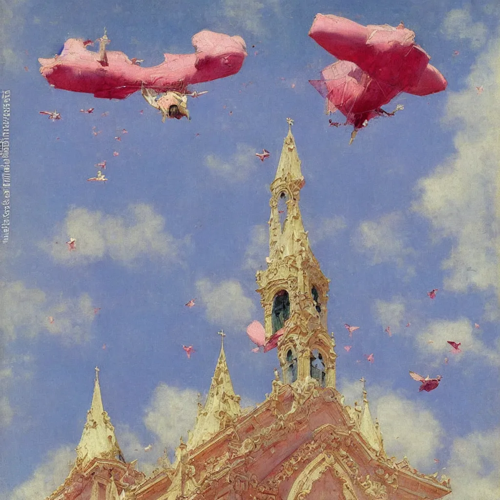 Prompt: two huge pink zepplins flying above church steeple, 1905, highly detailed colourful oil on canvas, by Ilya Repin